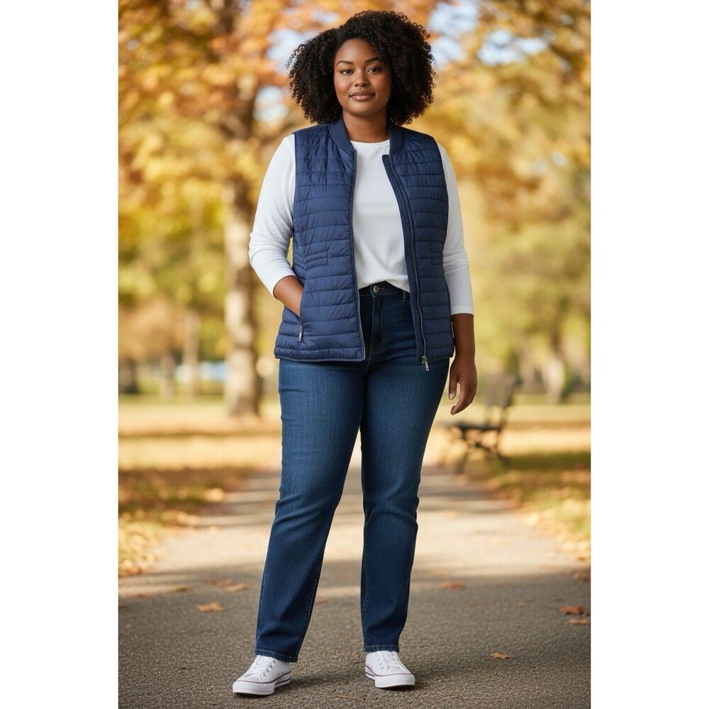 Christopher CJ Banks Blue Quilted Puffer Rib Trim Missy Vest Size 1X Outdoors